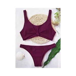 ZAFUL MAGENTA KNOTTED SCOOP HIGH CUT BIKINI SUIT